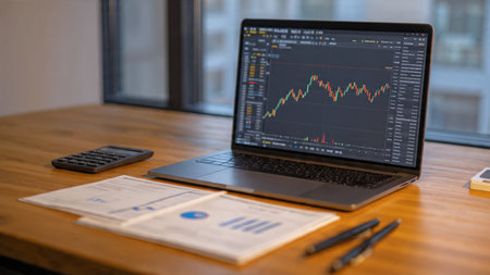 A minimal desk environment with stock indicators glowing on a laptop and a fresh mug of coffee.の写真素材