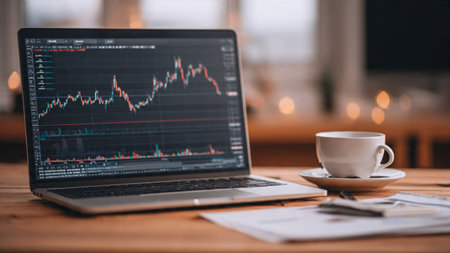 A digital stock dashboard on a laptop sits beside written reports and a hot drink on a modern desk.の写真素材
