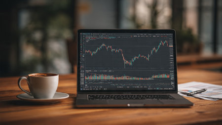 A laptop showing trading trend lines sits beside financial summaries and hot coffee.の写真素材