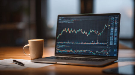 Trading indicators shine on a laptop while documents and coffee add warmth to the desk.の写真素材
