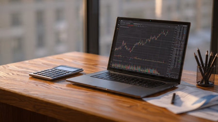 Economic indicator graphs fill the laptop screen on a desk decorated with reports and coffee.の写真素材