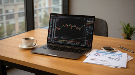 Real-time market graphs appear on laptop while coffee and notes complete the workspace.の写真素材