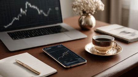 Market volatility charts appear on a laptop surrounded by paperwork and a fresh mug of coffee.の写真素材