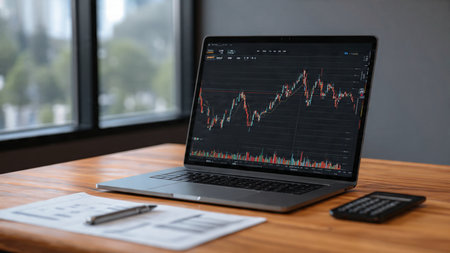 Clean financial workspace featuring trading dashboards, printed analytics, and a modern coffee cup.の写真素材