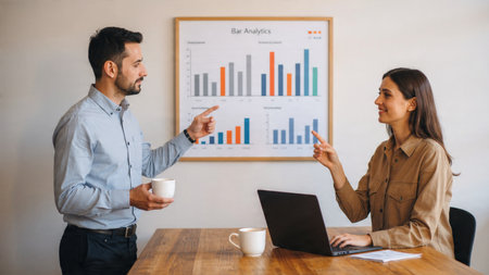 Market visuals shining from laptop create a productive scene with coffee and reports.の写真素材