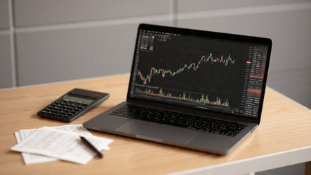 A modern workspace with trading software, financial notes, and warm coffee on a wooden desk.の写真素材