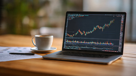 A clean wooden workspace featuring stock analysis software on a laptop, research papers, and a steaming coffee cup.の写真素材