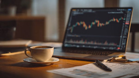 Real-time trading graphs shine on a laptop, paired with neatly organized documents and coffee on a wooden desk.の写真素材