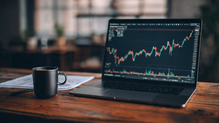 A tidy financial workstation with live market charts on a laptop and a cup of coffee resting on wood.の写真素材