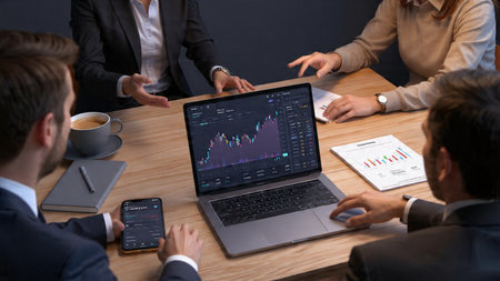 A focused trading desk displaying indicators on a laptop alongside documents and coffee.の写真素材