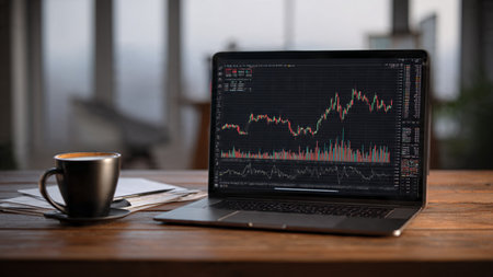 A laptop displaying colorful candlestick charts sits beside coffee and printed reports on a wooden desk.の写真素材