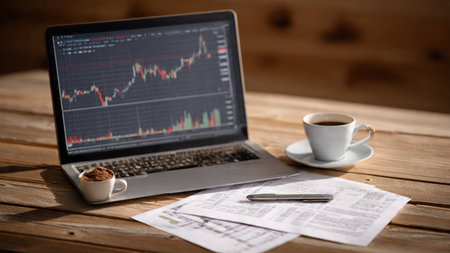 A wooden desktop showing detailed candlestick activity on a laptop, surrounded by research papers and coffee.の写真素材