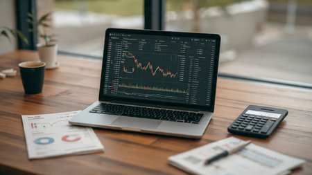 Economic indicators appear on a laptop with documents spread around and coffee on a modern wooden surface.の写真素材