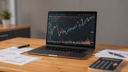 A laptop full of economic curve charts sits beside organized documents and steaming coffee.の写真素材