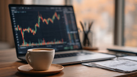 A digital stock dashboard on a laptop sits beside written reports and a hot drink on a modern desk.の写真素材