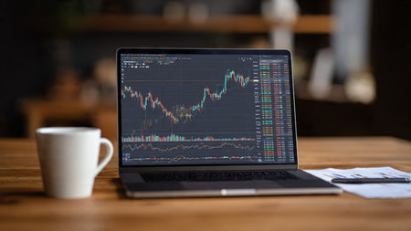 A digital trading workspace with documents, laptop charts, and coffee cup aligned neatly.の写真素材