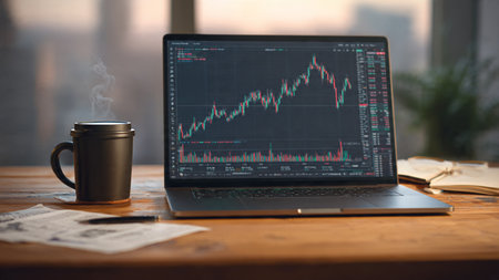 A peaceful wooden desk showcasing laptop economic charts and a warm coffee cup.の写真素材