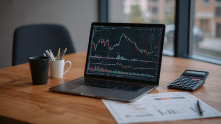 Trading graphs on laptop sit near planning sheets and fresh coffee on office desk.の写真素材