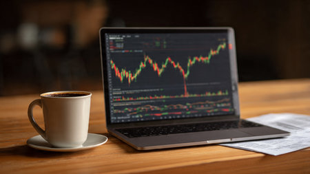 A market analysis station with bright laptop charts and warm coffee companion.の写真素材