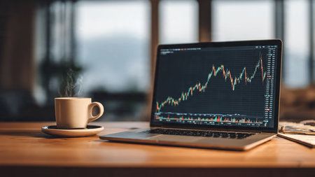 A wooden workspace holding a laptop showing trend lines next to fresh morning coffee.の写真素材