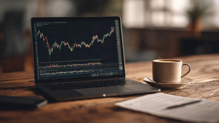 A calm workspace holds a laptop chart display, analysis papers, and fresh coffee.の写真素材