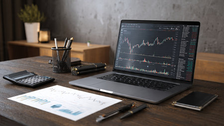 A trading dashboard lights up the laptop while economic reports and a hot coffee sit beside it on a wooden surface.の写真素材