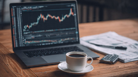 A wooden desk displays a laptop full of stock visuals with documents and fresh coffee alongside.の写真素材