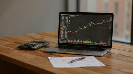 A productive morning desk setup with trading charts on the laptop and a cup of coffee.の写真素材