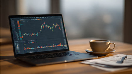 Laptop trend charts paired with financial sheets and coffee for early analysis.の写真素材
