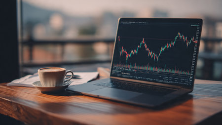 Fresh coffee sits beside a laptop showing stock data and documents on a polished wooden workspace.の写真素材