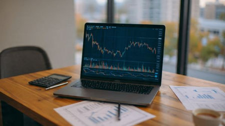 A tidy financial workstation with live market charts on a laptop and a cup of coffee resting on wood.の写真素材