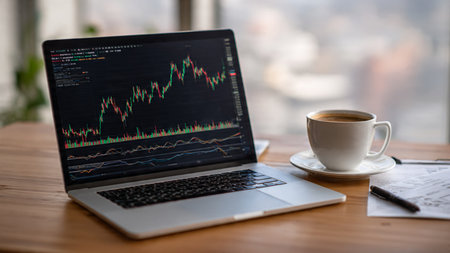 A calm workspace holds a laptop chart display, analysis papers, and fresh coffee.の写真素材