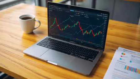 A laptop with analytical charts sits on a wooden desk with documents and a warm beverage beside it.の写真素材