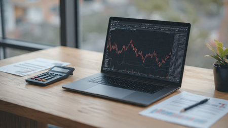 A modern trading setup with live stock charts on a laptop, financial paperwork, and a coffee cup placed neatly on a wooden surface.の写真素材