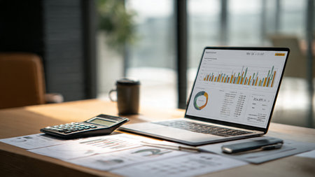 Candlestick charts on a laptop sit perfectly beside paperwork and coffee on a wooden surface.の写真素材