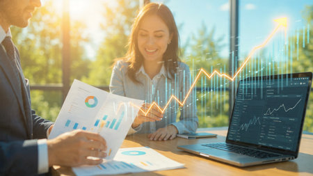 Wooden surface showcasing economic data on laptop surrounded by research and coffee.の写真素材