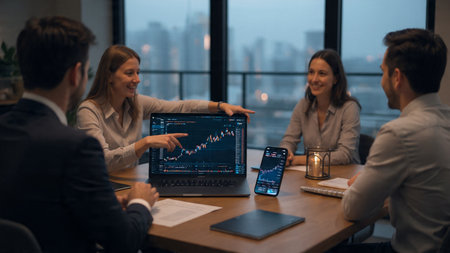 A wooden desk enriched with analytic tools, laptop screens, and coffee.の写真素材