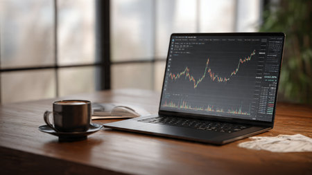 A wooden desk arranged with trading dashboards on a laptop, printed sheets, and a coffee cup.の写真素材
