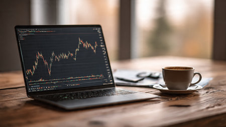 A financial office desk with laptop stock charts and coffee for morning analysis.の写真素材