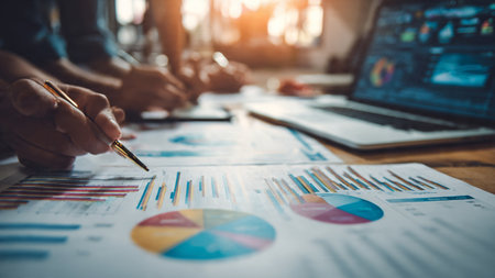A modern workspace featuring colorful trading graphs on a laptop and detailed printed papers.の写真素材