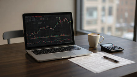 A laptop displaying fluctuating stock graphs sits beside neatly stacked documents and a warm coffee on a clean wooden desk.の写真素材
