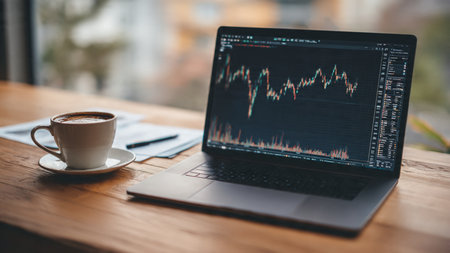 Financial volatility displayed on laptop surrounded by paperwork and a warm drink.の写真素材