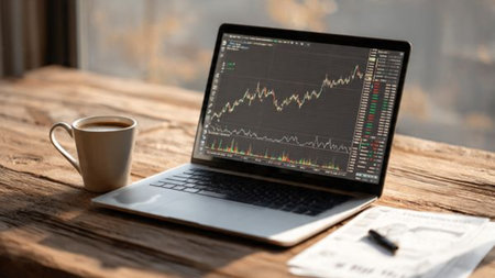 A workstation setup featuring market data on a laptop sits beside notes and coffee on a modern wooden desk.の写真素材