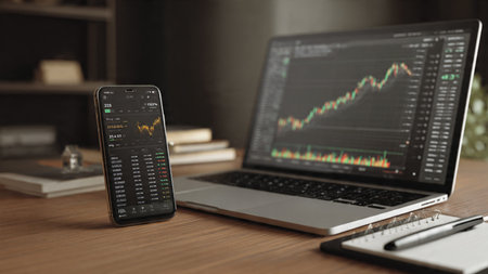 A tidy analytical desk featuring colorful financial charts on a laptop next to a coffee mug.の写真素材