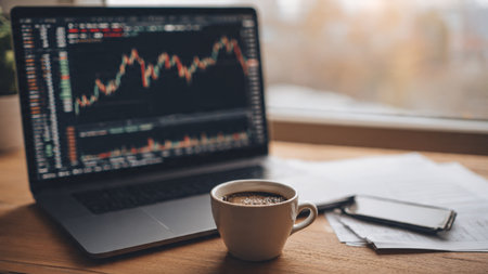 A modern wood-grain desk holds a laptop, market charts, coffee, and printed reports.の写真素材