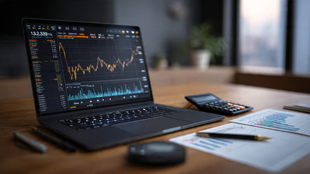 Financial analysis appears on laptop surrounded by strategic notes and caffeine.の写真素材