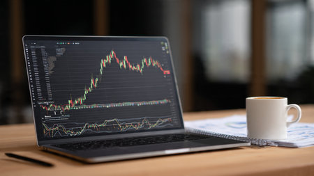 Clean-cut trading environment with laptop data, documents, and a coffee cup.の写真素材