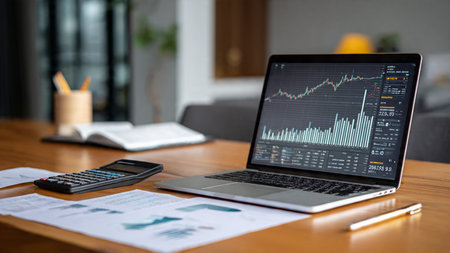 A neat layout of trading visuals, documents, and coffee against wooden desk tones.の写真素材