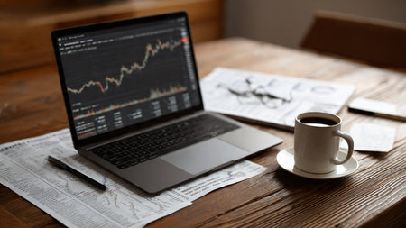 A financial analysis environment with laptop charts, study documents, and a warm drink on a wooden desk.の写真素材