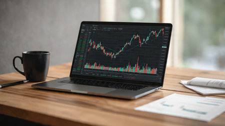 A laptop featuring chart trends sits beside coffee and detailed financial paperwork.の写真素材
